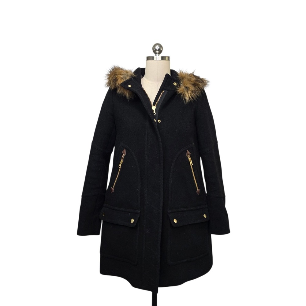 J.Crew Chateau Parka Black Italian Wool Faux Fur Hood Coat Size 2